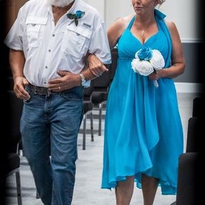 Two David’s Bridal Malibu blue dresses